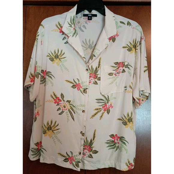 Vans Womens Button Down Short Sleeve Hawaiian Floral Shirt Skater Beach Surf SzM - Picture 1 of 9